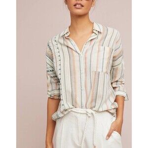 Anthropologie Akemi & Kin Yarn Dyed Embroidered Cotton Shirt Oversized M/L Boho